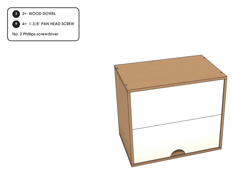 Step 4: the cabinet with a label listing 2 wood dowels (code 3), 4 pan head screws (code 9) and a No. 2 Phillips screwdriver.